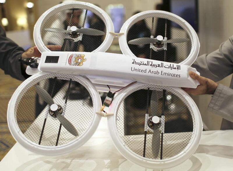 An unmanned aerial drone is displayed during Virtual Future Exhibition in Dubai. Mohammed Al Gergawi, the Minister of Cabinet Affairs in the UAE Government, said the country is developing a delivery prototype. Ahmed Jadallah / Reuters
