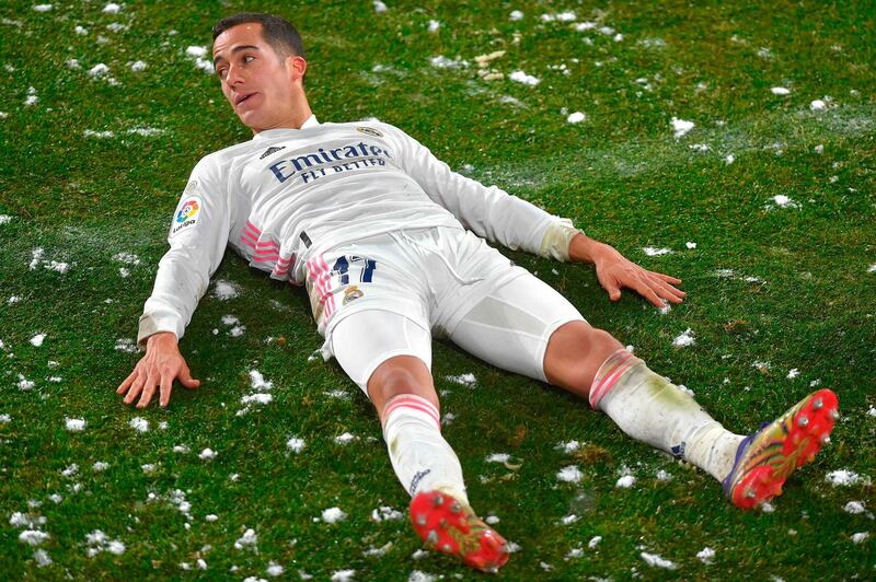 Real Madrid's Spanish forward Lucas Vazquez lies on the ground during La Liga stalemate at Osasuna. AFP