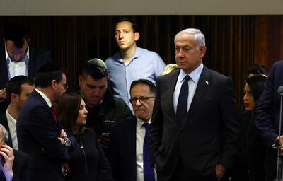 Israeli Prime Minister Benjamin Netanyahu attends a meeting at the Knesset, Israel's parliament, amid demonstrations after he dismissed the defence minister Yoav Galant. Reuters