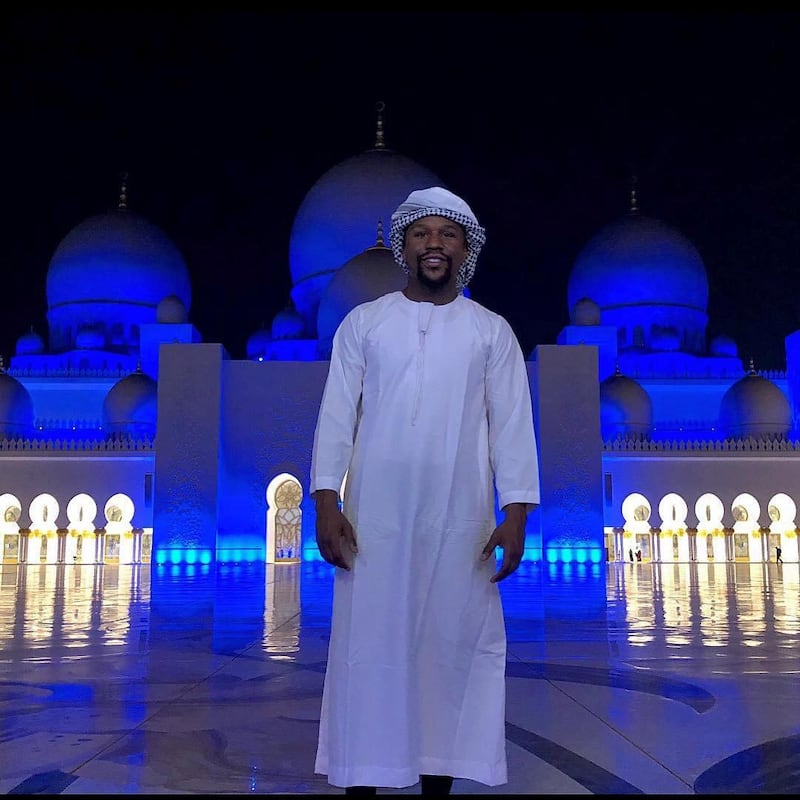 Floyd Mayweather poses for a photo outside Sheikh Zayed Grand Mosque. Courtesy Floyd Mayweather Instagram