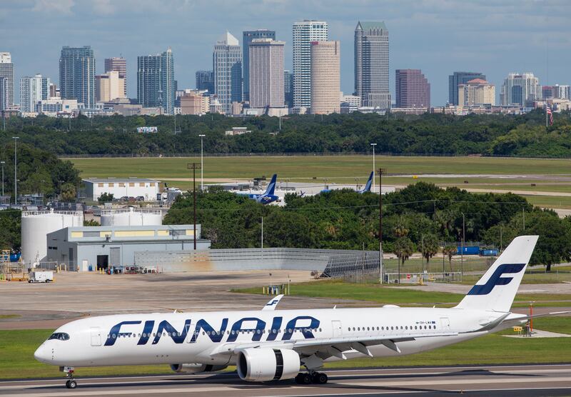 A Finnair Airbus A350 taxis to the gate after landing at Tampa International Airport in Florida. Tampa Bay Times via AP