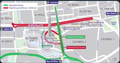 Road closures on November 20 for Dubai Ride. Courtesy: RTA