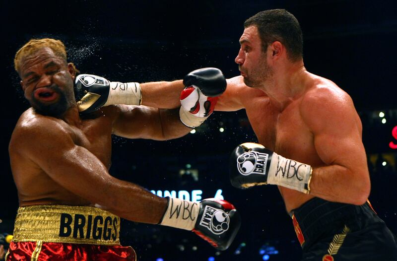 Shannon Briggs of the USA exchanges punches with Klitschko during the WBC Heavyweight World Championship fight in Hamburg, Germany, in 2010. Getty Images
