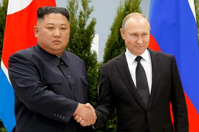 Russian President Vladimir Putin, right, and North Korea's leader Kim Jong-un during their meeting in Vladivostok, Russia, in 2019.  AP 