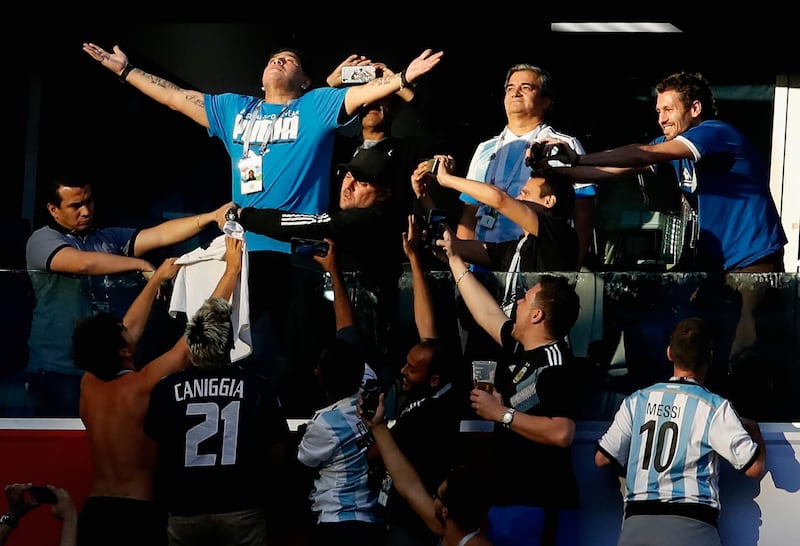 DiegoMaradona shows his support to Argentina prior to  the 2018 FIFA World Cup Russia group D match between Nigeria and Argentina. Julian Finney / Getty Images