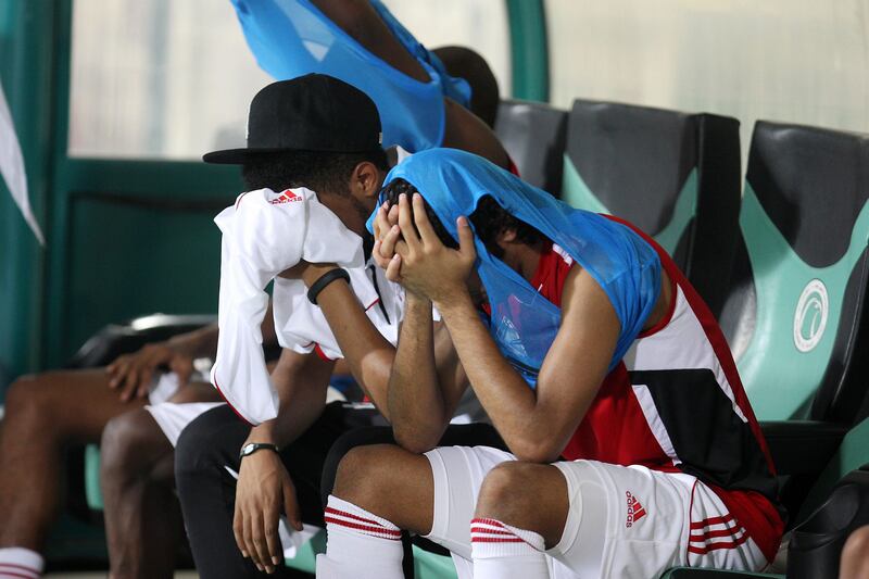 DUBAI , UNITED ARAB EMIRATES Ð Sep 14 :  Players of Sharjah after the Pro League round robin tournament football match between Sharjah vs Emirates at Al Shabab stadium in Dubai. ( Pawan Singh / The National ) For Sports. Story by Ahmed