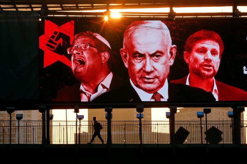 An election campaign billboard by Blue and White party on a bridge in Ramat Gan, Tel Aviv. Reuters