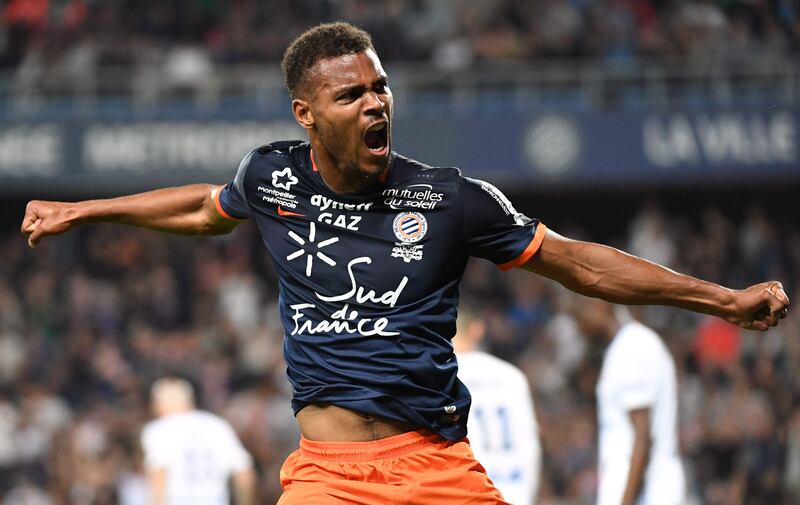 Montpellier's French forward Steve Mounie celebrates scoring against Lyon at the la Mosson Stadium in Montpellier, southern France.
