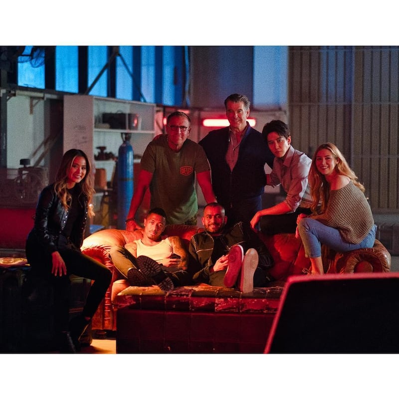 The cast of 'The Misfits' on set in Abu Dhabi. Instagram / Pierce Brosnan
