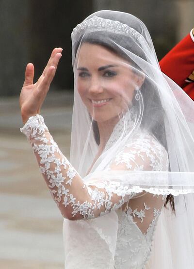 LONDON, ENGLAND - APRIL 29:  Catherine Middleton arrives to attend the Royal Wedding of Prince William to Catherine Middleton at Westminster Abbey on April 29, 2011 in London, England. The marriage of the second in line to the British throne is to be led by the Archbishop of Canterbury and will be attended by 1900 guests, including foreign Royal family members and heads of state. Thousands of well-wishers from around the world have also flocked to London to witness the spectacle and pageantry of the Royal Wedding.  (Photo by Dan Kitwood/Getty Images) *** Local Caption *** Catherine Middleton;