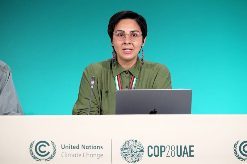 Eriel Tchekwie Deranger from Indigenous Climate Action during a press conference by North American Frontline Groups at Cop28. Pawan Singh / The National