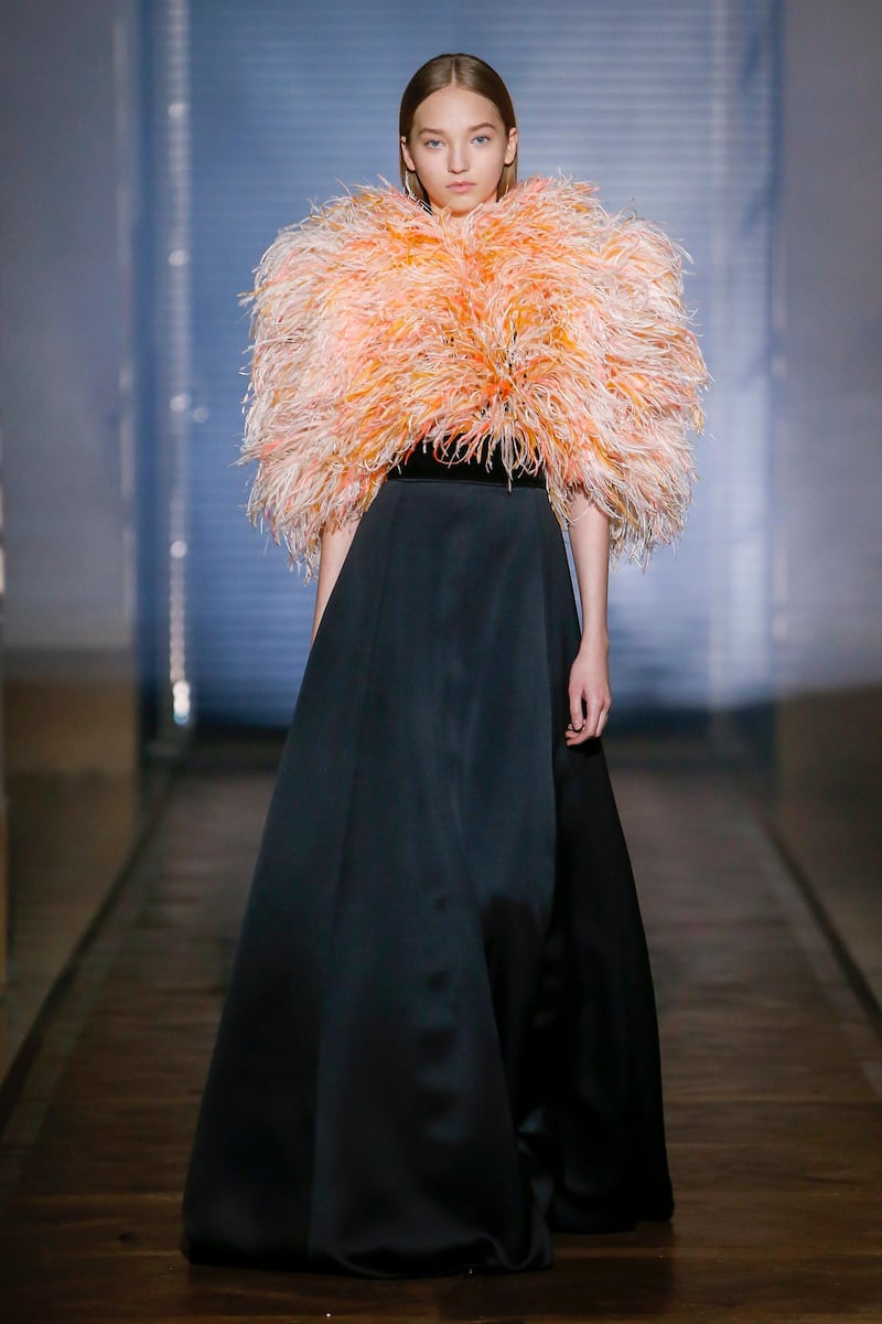 Peach feathers over a simple skirt for spring 2018 haute couture. Courtesy Givenchy