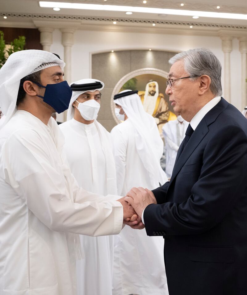 Kassym-Jomart Tokayev, President of Kazakhstan with Sheikh Abdullah bin Zayed, Minister of Foreign Affairs and International Co-operation.