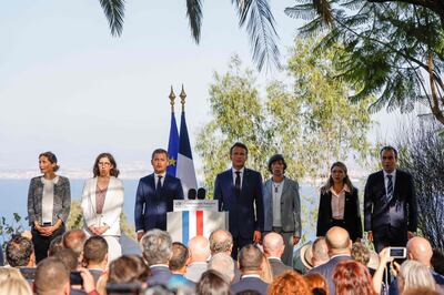 Rima Abdul Malak, second left, accompanied President Emmanuel Macron on a recent visit to Algeria. AFP