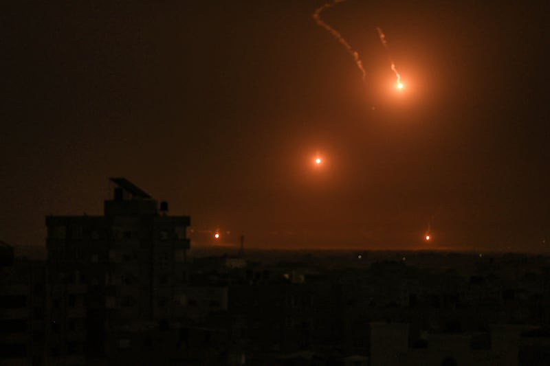 A flare trail fired by the Israeli army east of Khan Younis on the southern Gaza Strip. AFP