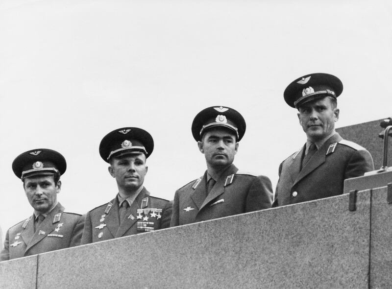 From left to right, Soviet cosmonauts Gherman Titov (1935 - 2000), Yuri Gagarin (1934 - 1968), Andriyan Nikolayev (1929 - 2004) and Pavel Popovich (1930 - 2009) pose on the Tribune of the Lenin Mausoleum in Moscow, August 1962. Nikolayev and Popovich have just returned to Moscow after the Vostok 3 and 4 space missions.  (Photo by V. Savostyanov/Keystone/Hulton Archive/Getty Images)