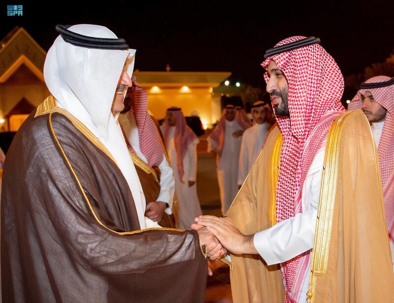 Mohammed bin Salman, Crown Prince of Saudi Arabia, is received by Prince Faisal bin Salman (L), governor of Madinah, during his visit.