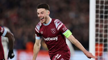 Declan Rice celebrates after his wonder goal for West Ham United in their Europa Conference League victory over Gent at the London Stadium on April 20, 2023. Getty