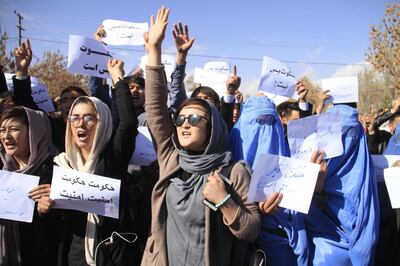 epa07160789 Hazara minority community from Malistan and Jaghuri district of restive Ghazni province, shout slogans against the deteriorating security situation in their resident districts as they arrive in Ghazni city to take refuge, in Ghazni, Afghanistan, 12 November 2018.  Hundreds of family fled Malistan And Jaghuri district after Taliban militants attacked the district killing 43 Afghan soldiers, 15 civilians while 113 Taliban militants were also killed. Meanwhile in capital Kabul, hundreds of people, most of them members of the persecuted Shia minority Hazara, were demanding more security in the Hazara-dominated central and eastern districts of Afghanistan.  EPA/SAYED MUSTAFA