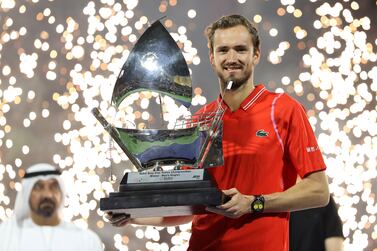 Daniil Medvedev of Russia poses with the trophy after winning the final match at the Dubai Duty Free Tennis ATP Championships 2023 in Dubai, United Arab Emirates, 04 March 2023.   EPA / Frabeland Charles Mallari