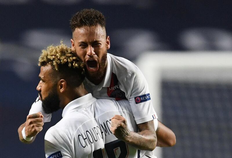 Paris St Germain's Eric Maxim Choupo-Moting and Neymar celebrate after the match. Reuters