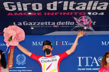 Victor Lafay celebrates on the podium after winning the eighth stage of the Giro d'Italia. AFP