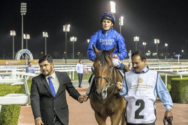 DUBAI, UNITED ARAB EMIRATES. 27 FEBRUARY 2020. Meydan Horse Racing, Dubai World Cup Carnival. Race 5. Winner is Secret Advisor (FR 6yrs) ridden by William Buick and trained by Charlie Appleby. (Photo: Antonie Robertson/The National) Journalist: Amith Passela. Section: Sport. 

