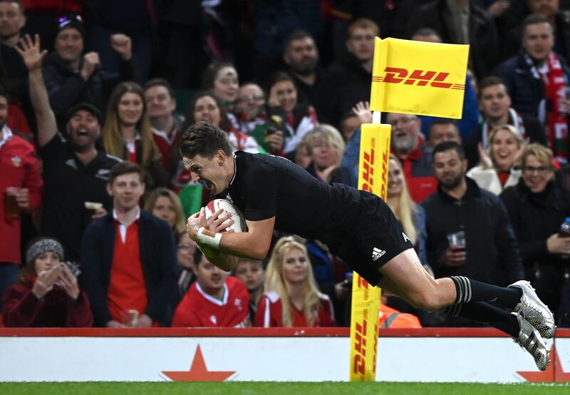 Beauden Barrett of New Zealand scores a try during against Wales. EPA