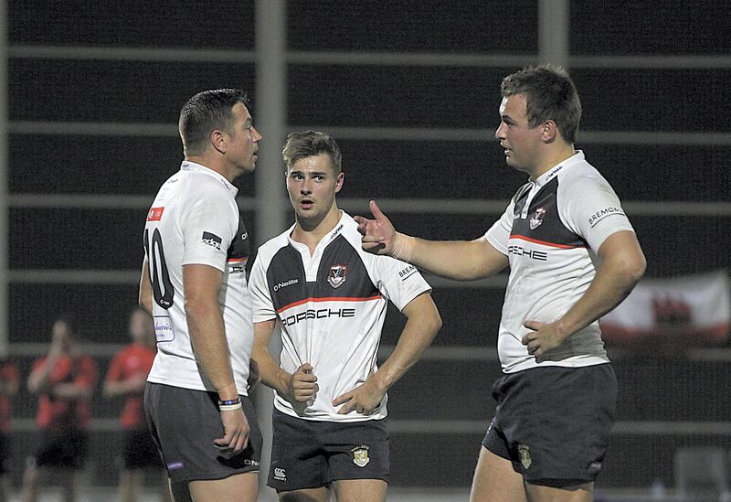 Dubai, April 23, 2018:  (C)  Rory Arthur of Dubai Exiles with his teamates during the friendly match against Gibraltar  in Dubai. Satish Kumar for the National / Story by Paul Radley