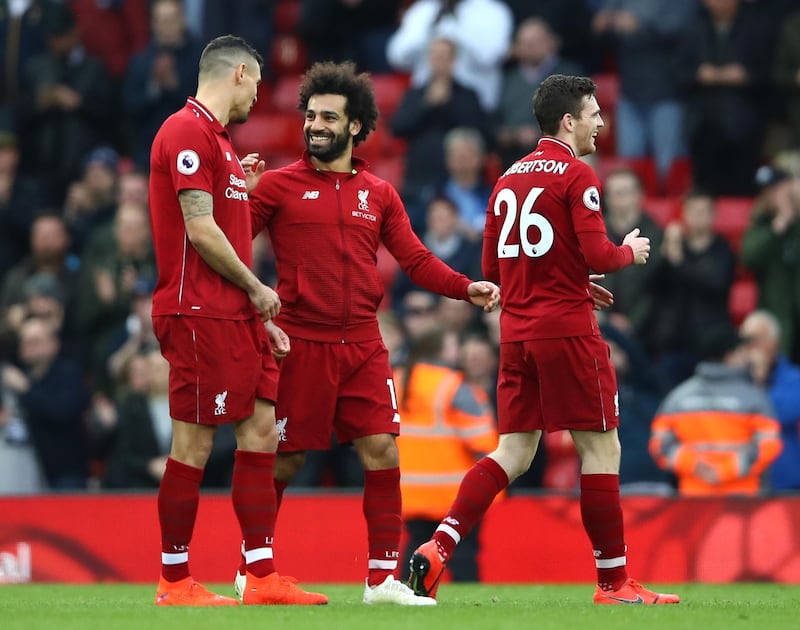 LIVERPOOL, ENGLAND - MARCH 31:  Mohamed Salah of Liverpool celebrates during the Premier League match between Liverpool FC and Tottenham Hotspur at Anfield on March 31, 2019 in Liverpool, United Kingdom. (Photo by Clive Brunskill/Getty Images)