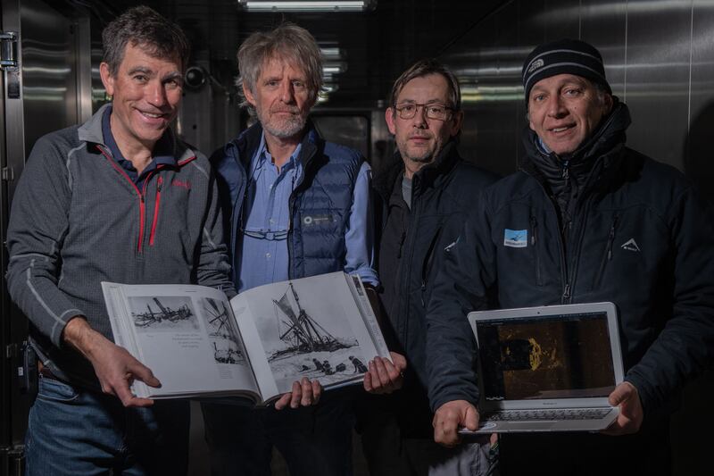 (L-R) John Shears, Mensun Bound, Nico Vincent and JC Caillens with the first scan of the wreck and photos of Frank Hurley.