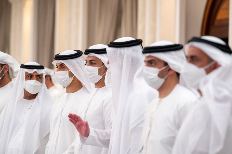 Sheikh Nahyan bin Mubarak, Minister of Tolerance and Coexistence; Sheikh Khaled bin Zayed, Chairman of the Board of the Zayed Higher Organization for Humanitarian Care and Special Needs; and Sheikh Omar bin Zayed, Deputy Chairman of the Board of Trustees of the Zayed bin Sultan Al Nahyan Charitable and Humanitarian Foundation, attend condolences for Sheikh Khalifa at the Presidential Airport.
Mohamed Al Hammadi / Ministry of Presidential Affairs