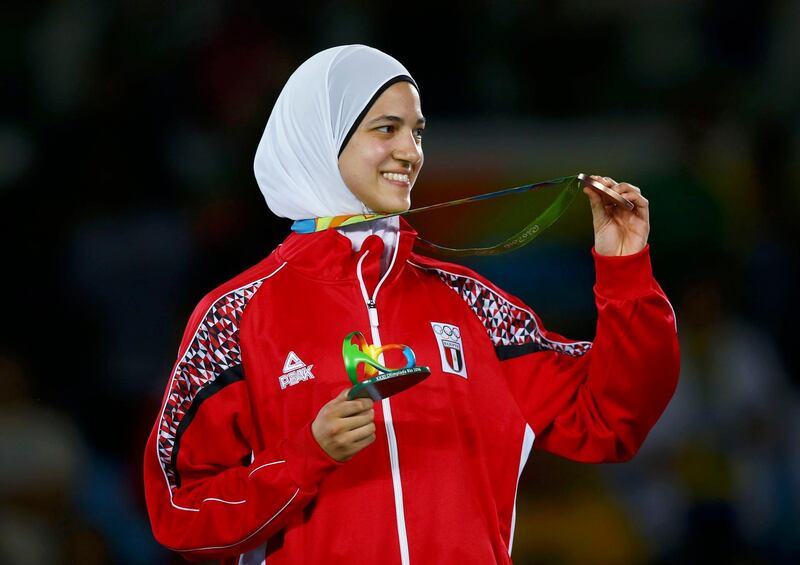 2016 Rio Olympics - Taekwondo -Women's -57kg Victory Ceremony - Carioca Arena 3 - Rio de Janeiro, Brazil - 18/08/2016. Hedaya Malak Wahba (EGY) of Egypt celebrates on the podium with her bronze medals.   REUTERS/Peter Cziborra (BRAZIL  - Tags: SPORT OLYMPICS SPORT TAEKWONDO) FOR EDITORIAL USE ONLY. NOT FOR SALE FOR MARKETING OR ADVERTISING CAMPAIGNS.    
Picture Supplied by Action Images