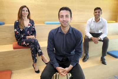 Dubai, United Arab Emirates - April 11th, 2018: L-R Nadine Mezher, Mark Chahwan, founder and chief executive officer and Danny Jabbour. A profile of Sarwa, a Fintech start up focused on low cost wealth management to offer expats a cheaper alternative to high costing insurance products. Wednesday, April 11th, 2018 at DIFC, Dubai. Chris Whiteoak / The National