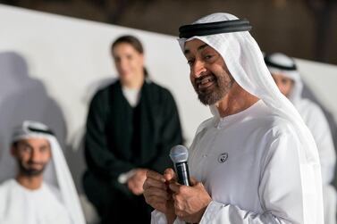 Sheikh Mohamed bin Zayed, Crown Prince of Abu Dhabi and Deputy Supreme Commander of the Armed Forces, announces the launch of the National Experts Programme, at The Founders Memorial. Rashed Al Mansoori / Ministry of Presidential Affairs 