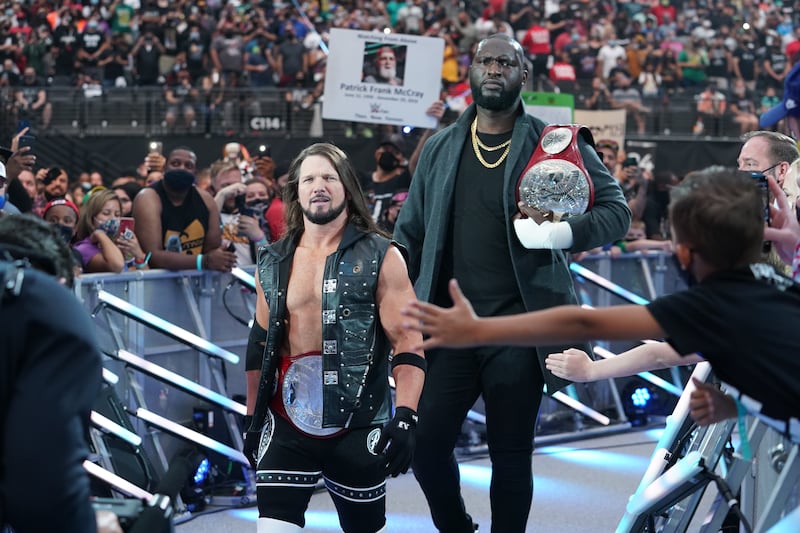 AJ Styles and Omos make their way to the ring. Photo: WWE