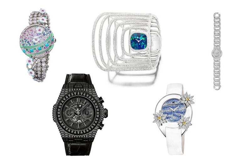 JEWELLERY - Jewellery watches are more about the creative ways that gems are set and strung together, the ways that mechanisms are miniaturised to fit the delicate bracelets and the originality of the designs. From left: Fabergé Summer in Provence, Hublot Big Bang Unico '10 Years' Haute Joaillerie, Piaget Extremely Piaget Double Sided Cuff Watch, Champs Elysées Rive Blanche Nymphéas and Chaumet Joséphine Aigrette Impériale. Courtesy GPHG