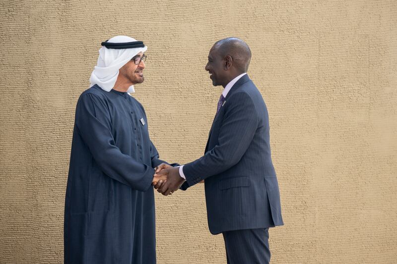 President Sheikh Mohamed greets William Ruto, President of Kenya. Eissa Al Hammadi / UAE Presidential Court 