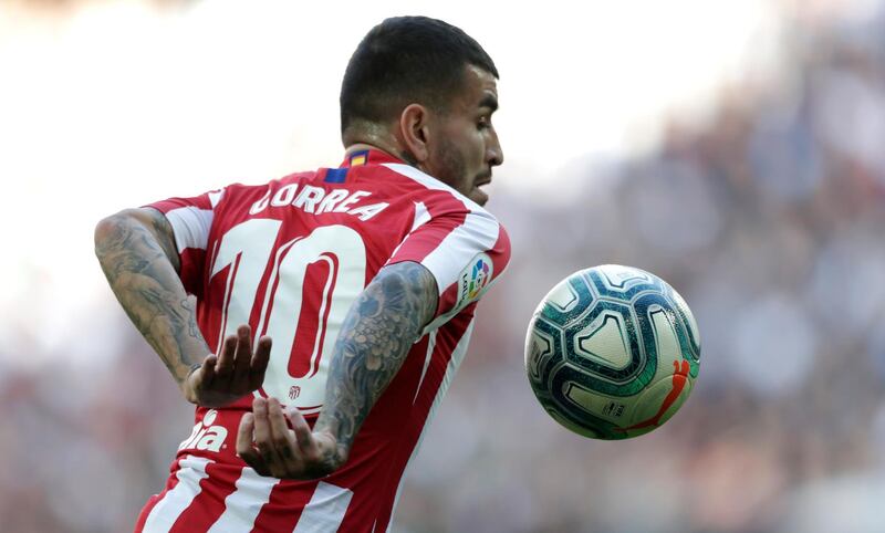 Atletico Madrid's Angel Correa looks to control the ball at the Santiago Bernabeu. AP