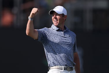DUBAI, UNITED ARAB EMIRATES - JANUARY 30: Rory McIlroy of Northern Ireland celebrates victory in the Final Round on Day Five of the Hero Dubai Desert Classic at Emirates Golf Club on January 30, 2023 in Dubai, United Arab Emirates. (Photo by Oisin Keniry / Getty Images)