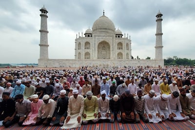 Muslims offer Eid Al Adha prayers at the Taj Mahal in Agra on Thursday. AFP