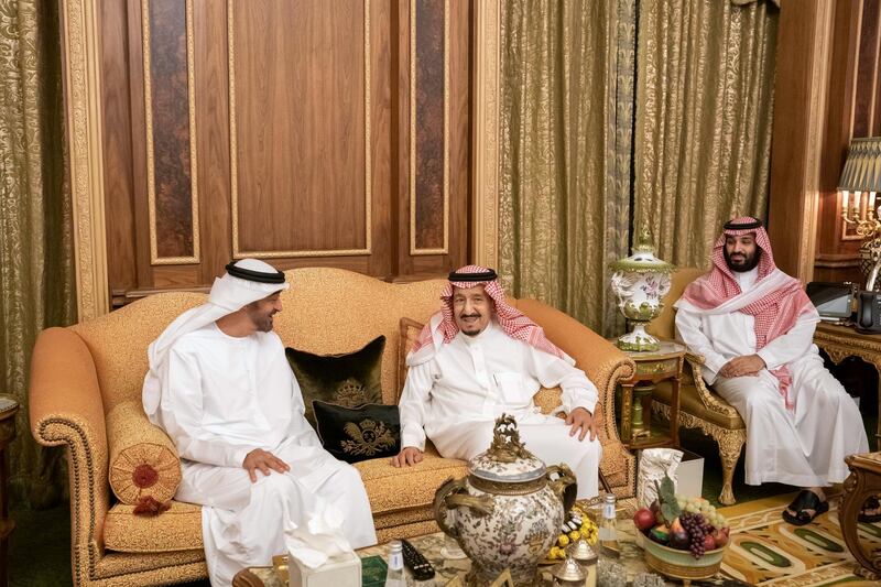 RIYADH, SAUDI ARABIA - April 16, 2019: HH Sheikh Mohamed bin Zayed Al Nahyan, Crown Prince of Abu Dhabi and Deputy Supreme Commander of the UAE Armed Forces (L) meets with HM King Salman Bin Abdulaziz Al Saud of Saudi Arabia and Custodian of the Two Holy Mosques (C), at Irqah Palace. Seen with HRH Mohamed bin Salman bin Abdulaziz, Crown Prince, Deputy Prime Minister and Minister of Defence of Saudi Arabia (R).

( Mohamed Al Hammadi / Ministry of Presidential Affairs )
---