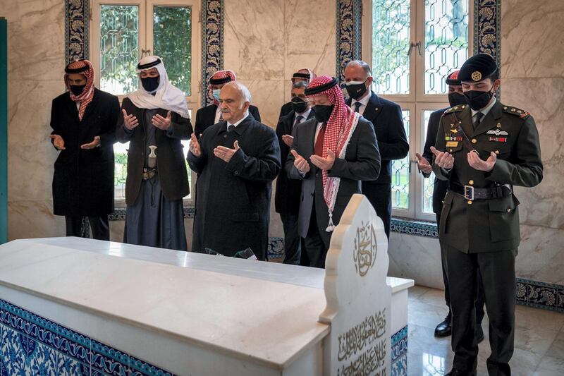 King Abdullah II, Crown Prince Al Hussein, and Princes El Hassan bin Talal, Feisal bin Al Hussein, Ali bin Al Hussein, Hamzah bin Al Hussein, Hashim bin Al Hussein, Talal bin Muhammed, Ghazi bin Muhammed and Rashid bin El Hassan visit the tomb of HM the late King Hussein. Courtesy of the Royal Hashemite Court