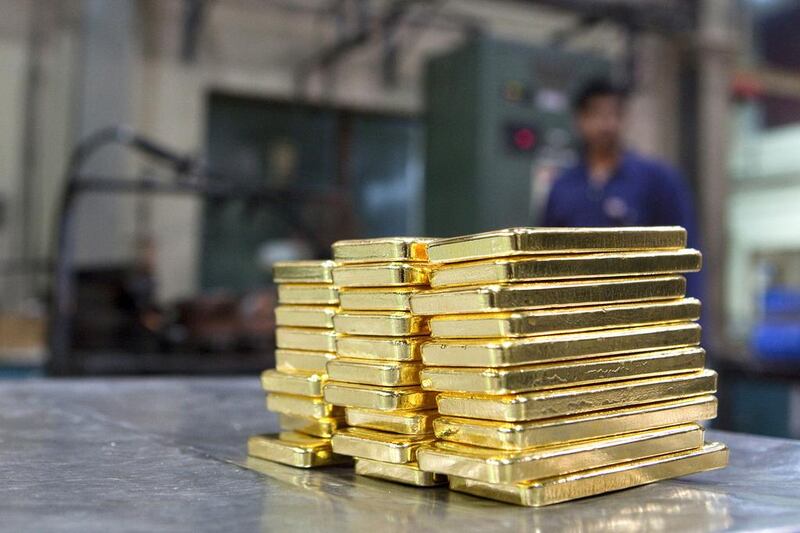 Gold bars at the Emirates Gold refinery in Dubai. Pawel Dwulit / The National