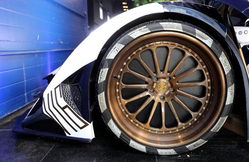 DUBAI , UNITED ARAB EMIRATES , November 15  ��� 2018 :- Front wheel of the Devel Sixteen supercar at the home of Majid Al Attar on Al Wasl road in Dubai. ( Pawan Singh / The National ) For Motoring. Story by Adam