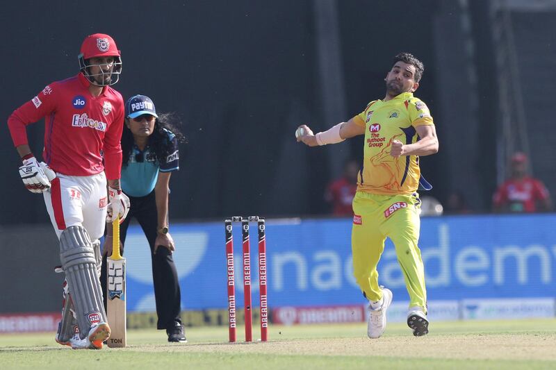 Deepak Chahar of Chennai Superkings   bowls during match 53 of season 13 of the Dream 11 Indian Premier League (IPL) between the Chennai Super Kings and the Kings XI Punjab at the Sheikh Zayed Stadium, Abu Dhabi  in the United Arab Emirates on the 1st November 2020.  Photo by: Pankaj Nangia  / Sportzpics for BCCI