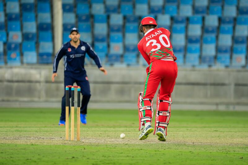 Oman's Ayaan Khan at the crease during the game against Scotland. Photo: ICC
