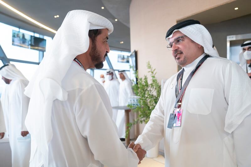 Sheikh Hamdan bin Zayed, Ruler’s Representative in Al Dhafra Region, greets Prince Salman Bin Hamad, Crown Prince and Prime Minister of Bahrain. Photo: Abdulla Al Junaibi / Ministry of Presidential Affairs