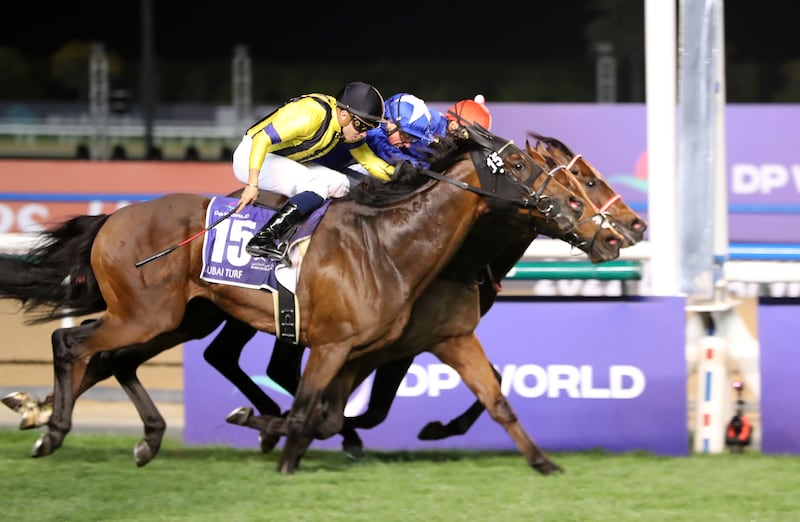 Lord North, Panthalassa and Vin De Garde going for the line in the Dubai Turf. Pawan Singh / The National