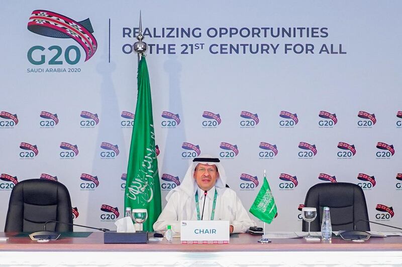 epa08703527 A handout photo made available by the G20 Saudi Arabia shows Saudi Energy Minister Prince Abdulaziz Bin Salman Al-Saud chairing a virtual meeting of G20 Energy Ministers in Riyadh, Saudi Arabia, 28 September 2020.  EPA/G20 SAUDI ARABIA HANDOUT  HANDOUT EDITORIAL USE ONLY/NO SALES